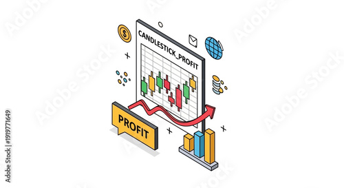 Isometric candlestick chart illustrates profit growth and financial data analysis