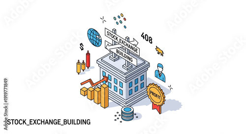 Isometric stock exchange building illustration with financial symbols