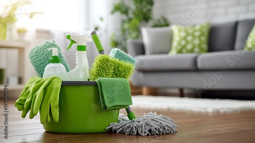 Green Cleaning Bucket with Supplies on Floor / 部屋の床に置かれた掃除用具入りの緑のバケツ