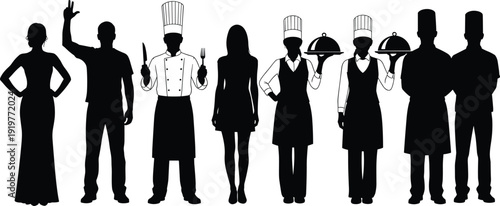 Restaurant staff silhouette collection featuring chefs waiters servers and hospitality professionals, food service team vector illustration isolated on white background