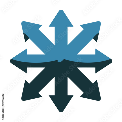 Abstract compass symbol shows eight diverging directional arrows indicating movement in many.