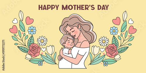 Happy Mother's Day Greeting Card with Mother and Son Hug and Spring Flowers Vector