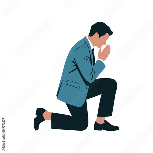 Businessman kneels in prayer position with hands together, showing deep contemplation or hope.
