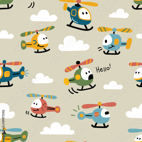 Cute Cartoon Helicopters Flying in the Sky