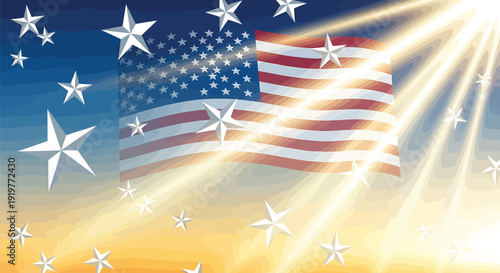 American flag with stars and sunburst effect at sunset