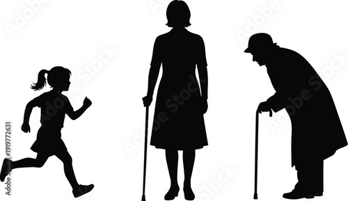 Black silhouette vector of three generations of females including a running young girl, a woman with a cane, and an elderly grandmother walking.