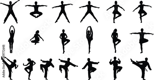 Collection of human yoga and martial arts silhouettes showing balance poses, fitness exercises, stretching, meditation, dance movements isolated on white background vector illustration