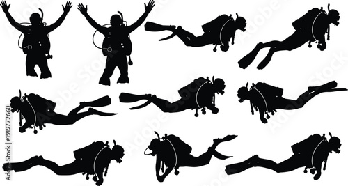 Set of scuba diver silhouettes performing underwater swimming and diving positions with oxygen tanks, fins, and equipment isolated on white background illustration