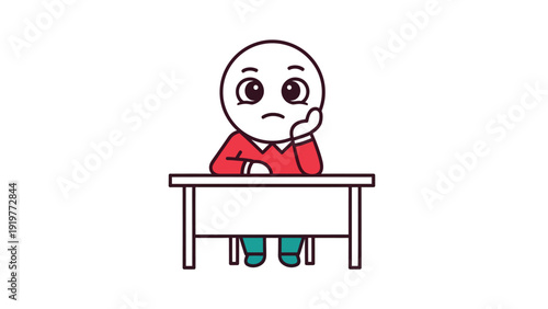 Bored cartoon character sitting at desk, contemplating. Simple flat illustration of a sad or unmotivated person.
