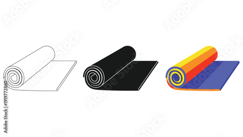 Set of three distinct styles illustrating a rolled up exercise mat ready for yoga or fitness routines