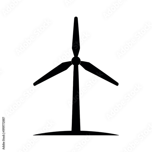Silhouette of a modern wind turbine stands tall against the white backdrop.