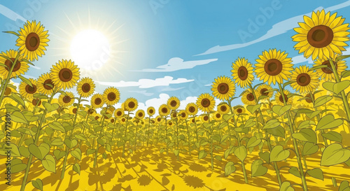 Vibrant sunflowers stretch towards a bright sunny sky with scattered clouds in a vast yellow field