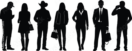 Group of modern people silhouettes standing and walking, fashion styles, urban lifestyle, business and casual characters, human diversity concept illustration isolated on white background