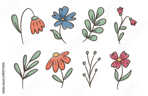 Cute flowers hand drawn illustration set. Collection of simple Spring flower icon doodle. Flower and leaves line art doodle vector elements. Flowers background with daisy, tulip, lavender, foliage.