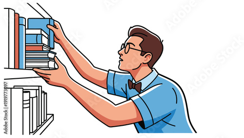 Friendly male librarian organizing books on library shelves for a welcoming reading environment