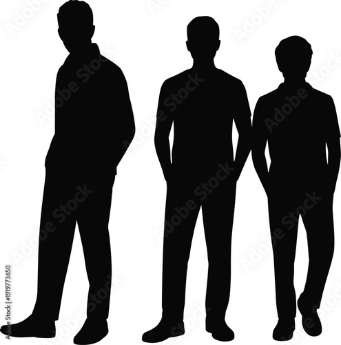 Silhouette illustration of three individuals in varying heights and postures, symbolizing growth, generational stages, casual stances, family connection, and expressive human figures for stock imagery