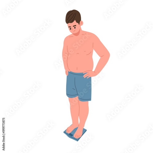 vector illustration of an overweight man standing on a weighing scale with a worried expression. Suitable for health campaigns, medical articles, nutrition blogs, fitness programs, and wellness aware