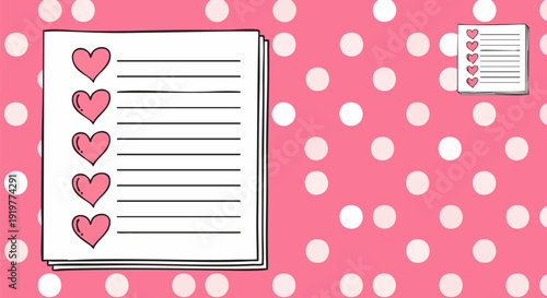 Hand-drawn vector illustration of a stack of five white paper sheets with pink hearts and lines, resembling a wishlist or to-do list, set against a vibrant pink background with white polka dots.
