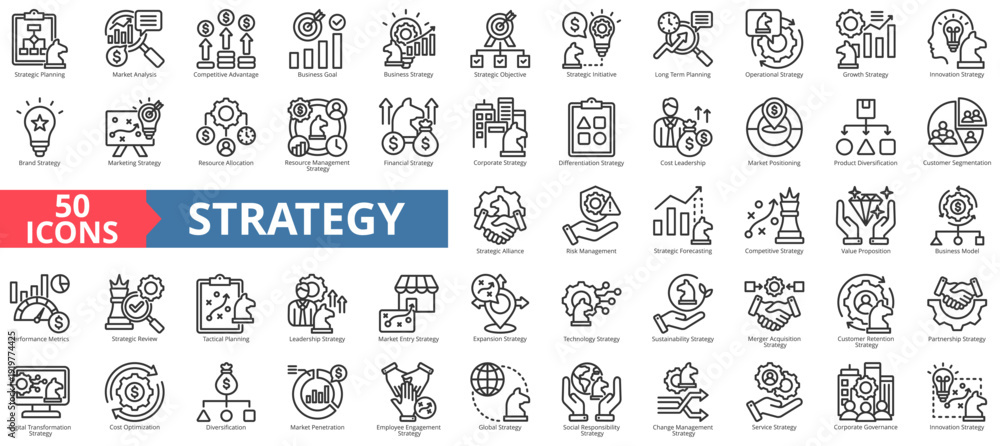 Εκτύπωση καμβά strategy icon pack outline contains value proposition, corporate governance, com