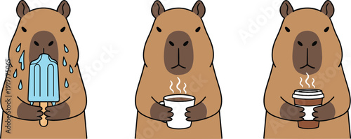 Funny cartoon bear vector set showing summer heat, warm drink enjoyment, and cozy mood changes in simple character illustration