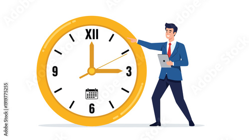 Businessman Managing Time with Clock and Tablet. Productivity, Scheduling, and Deadline Concept Illustration.