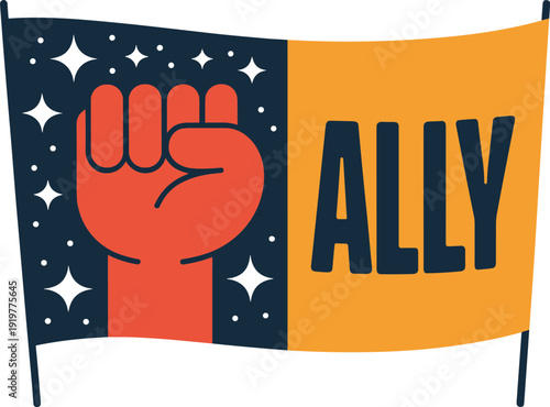 Ally symbol supporting hand on protest banner against starry night vector on white background.