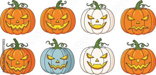 Halloween pumpkin face vector set with scary carved jack o lantern expressions in orange, white, and blue colors