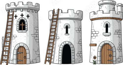 Medieval stone tower illustration set featuring fantasy castle watchtowers with ladders doors and rustic details for game and storybook design