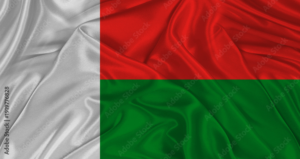 Fototapeta premium Malagasy flag with fabric texture. Realistic flag of Madagascar waving, National flag