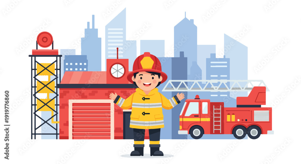 Naklejka premium Adorable child wearing firefighter uniform and helmet standing in front of fire station and truck. Kids dreaming about brave emergency service jobs and public safety career concept.