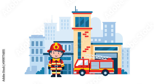 Adorable child wearing firefighter uniform and helmet standing in front of fire station and truck. Kids dreaming about brave emergency service jobs and public safety career concept.