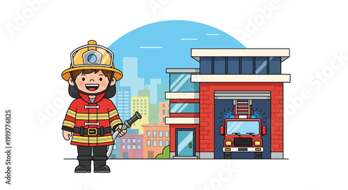 Adorable child wearing firefighter uniform and helmet standing in front of fire station and truck. Kids dreaming about brave emergency service jobs and public safety career concept.