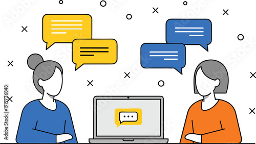 Online communication vector illustration showing two people chatting through laptop with speech bubbles, messages, and digital conversation concept