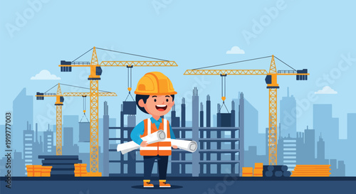 Young child dressed as construction engineer wearing helmet and safety vest holding blueprint at building site. Kids future engineering and construction profession dream concept illustration.