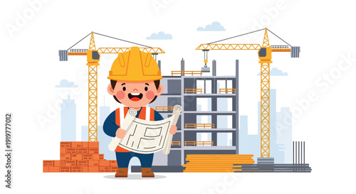 Young child dressed as construction engineer wearing helmet and safety vest holding blueprint at building site. Kids future engineering and construction profession dream concept illustration.