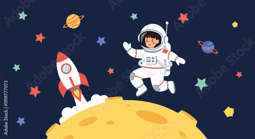 Cute child wearing astronaut suit standing on moon surface with rocket and stars background. Kids dreaming about space exploration and science career future aspiration illustration.