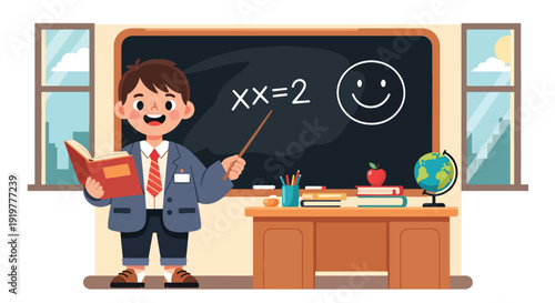 Cute child dressed as school teacher holding book in classroom with blackboard and desk. Kids dreaming about education profession and teaching career future aspiration concept