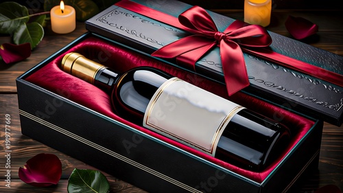 Luxury red wine bottle in elegant gift box with ribbon and candles
