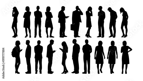 Business people silhouette collection featuring men and women in professional poses. Includes standing office workers, executives, managers, and employees in formal attire.