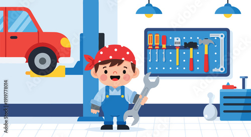 Adorable child dressed as auto mechanic holding wrench near car repair garage. Kids dreaming about engineering and automotive technician profession future career aspiration concept