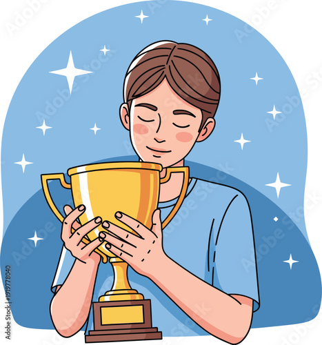 A proud young man with brown hair and closed eyes happily clutching a shiny golden winners trophy.