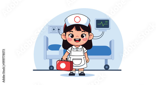 Cute child wearing nurse uniform holding medical kit in hospital interior. Kids dreaming about healthcare service profession and nursing career future aspiration illustration