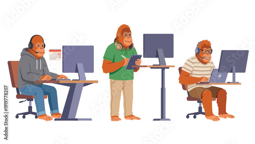 Cartoon Orangutan Professionals Working with Computers, Headsets & Tablets. Business, Tech & Customer Service Concept.