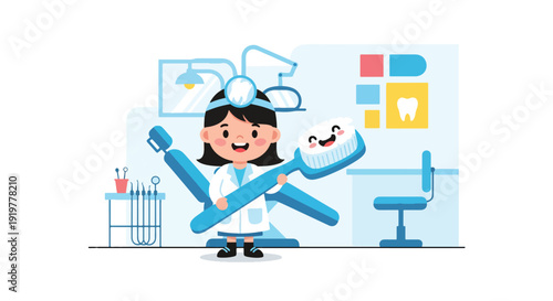 Cute child dressed as dentist holding toothbrush in dental clinic interior. Kids dreaming about oral healthcare profession and dentist career future aspiration illustration
