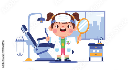 Cute child dressed as dentist holding toothbrush in dental clinic interior. Kids dreaming about oral healthcare profession and dentist career future aspiration illustration