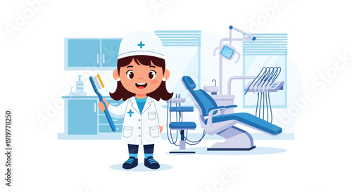Cute child dressed as dentist holding toothbrush in dental clinic interior. Kids dreaming about oral healthcare profession and dentist career future aspiration illustration