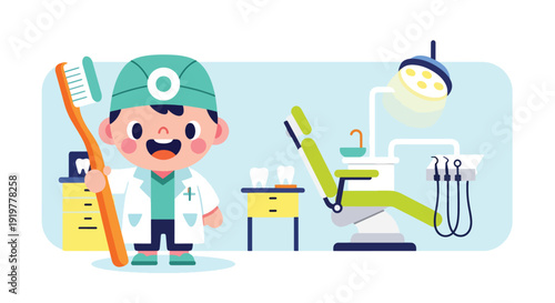 Cute child dressed as dentist holding toothbrush in dental clinic interior. Kids dreaming about oral healthcare profession and dentist career future aspiration illustration