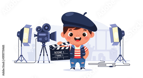 Young child dressed as movie director holding clapperboard on film set with camera and lights. Kids dreaming about cinema industry profession and filmmaking career future aspiration