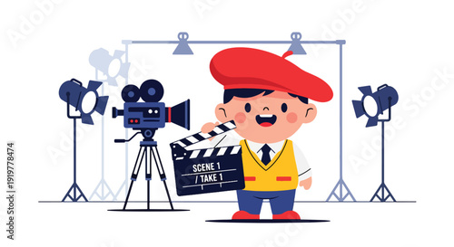 Young child dressed as movie director holding clapperboard on film set with camera and lights. Kids dreaming about cinema industry profession and filmmaking career future aspiration