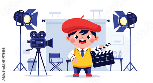Young child dressed as movie director holding clapperboard on film set with camera and lights. Kids dreaming about cinema industry profession and filmmaking career future aspiration